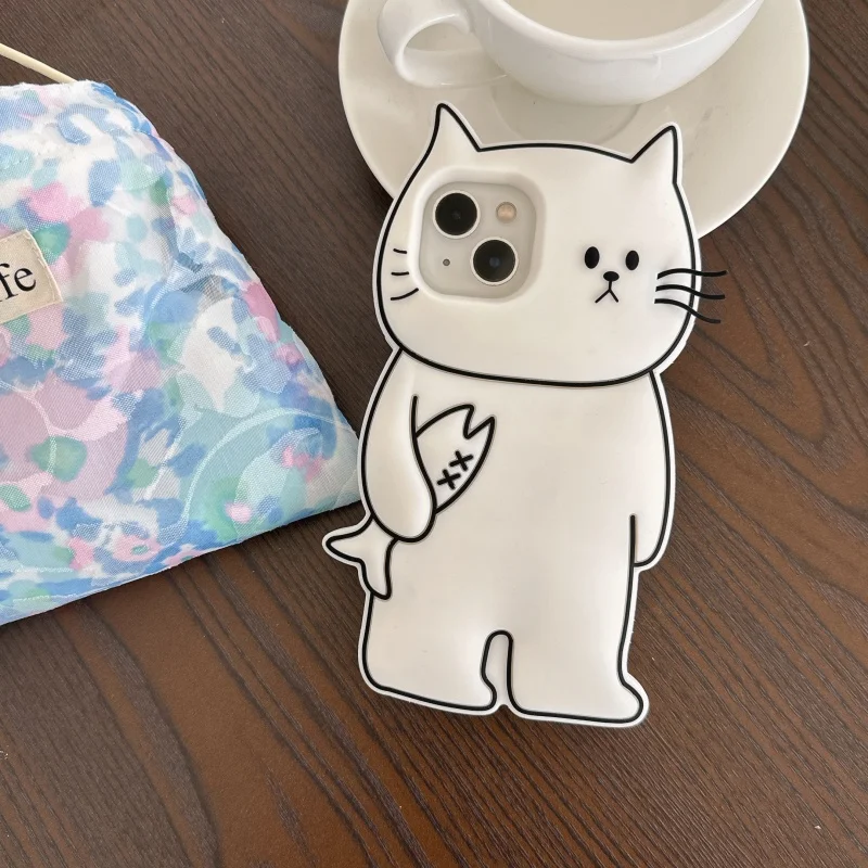 

Korean Cute Cartoon white Little Cat silicone phone case for iphone 13 14 15 16 17 Pro Max Funny small fish beard Cat Cover
