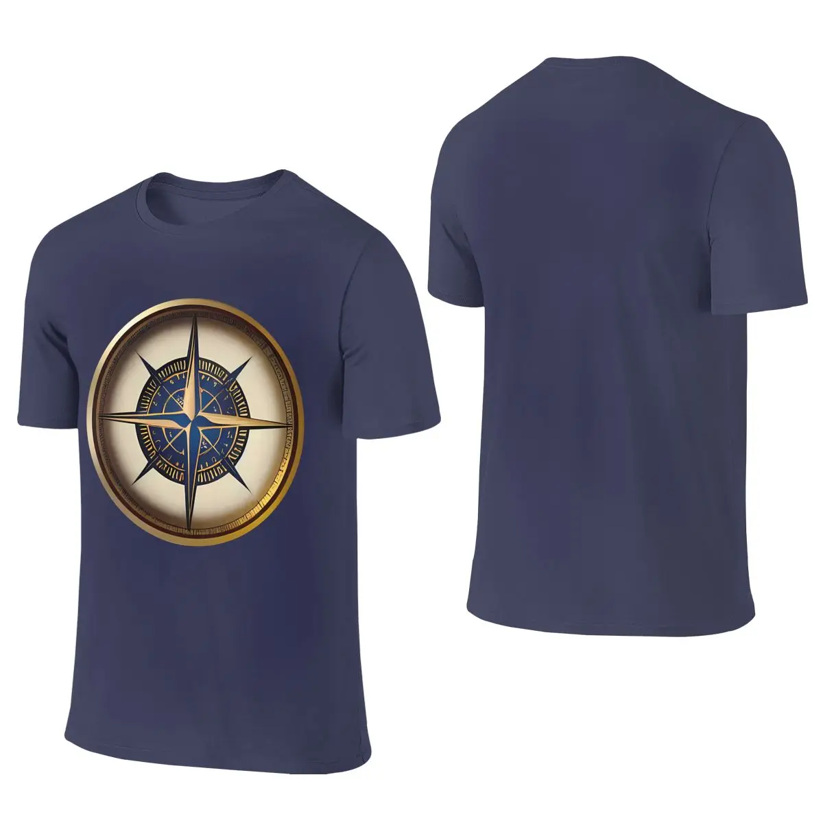 Golden Vintage Nautical Compass Gold And Navy Blue Not Pilling Reversible T-shirtKorean Style Minimal   Women's T-shirts