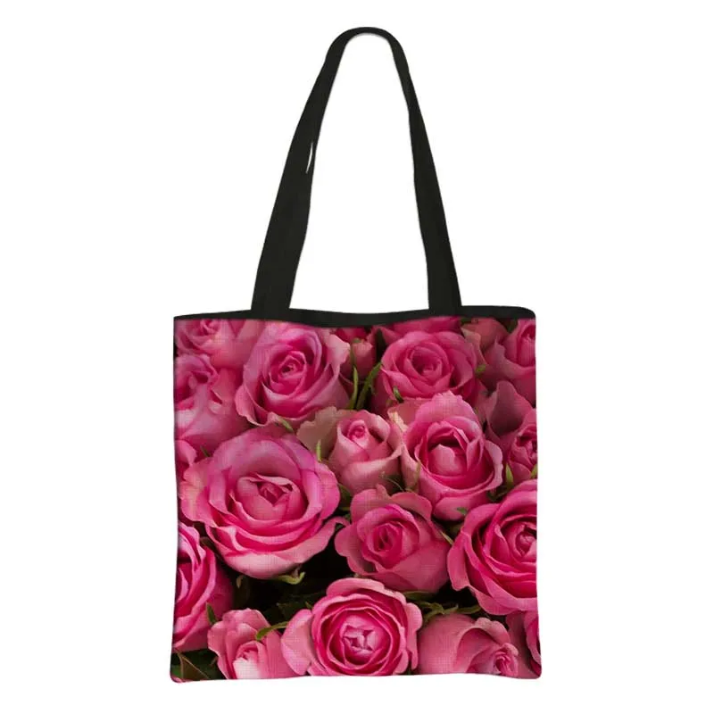 Custom Rose Flower Pattern Print Shoulder Bag Girls Large Capacity Reusable Totes Women Foldable Portable Shopper Bags Gift