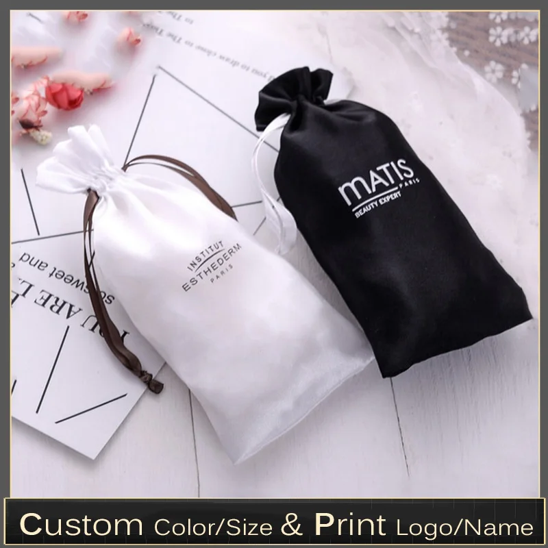 Satin Bags for Packaging Jewelry/Makeup/Gift/Wedding/Party/Storage/Hair Bundle/Wigs/Shoe Bag Silk Luxury Pouch Custom Logo 10p