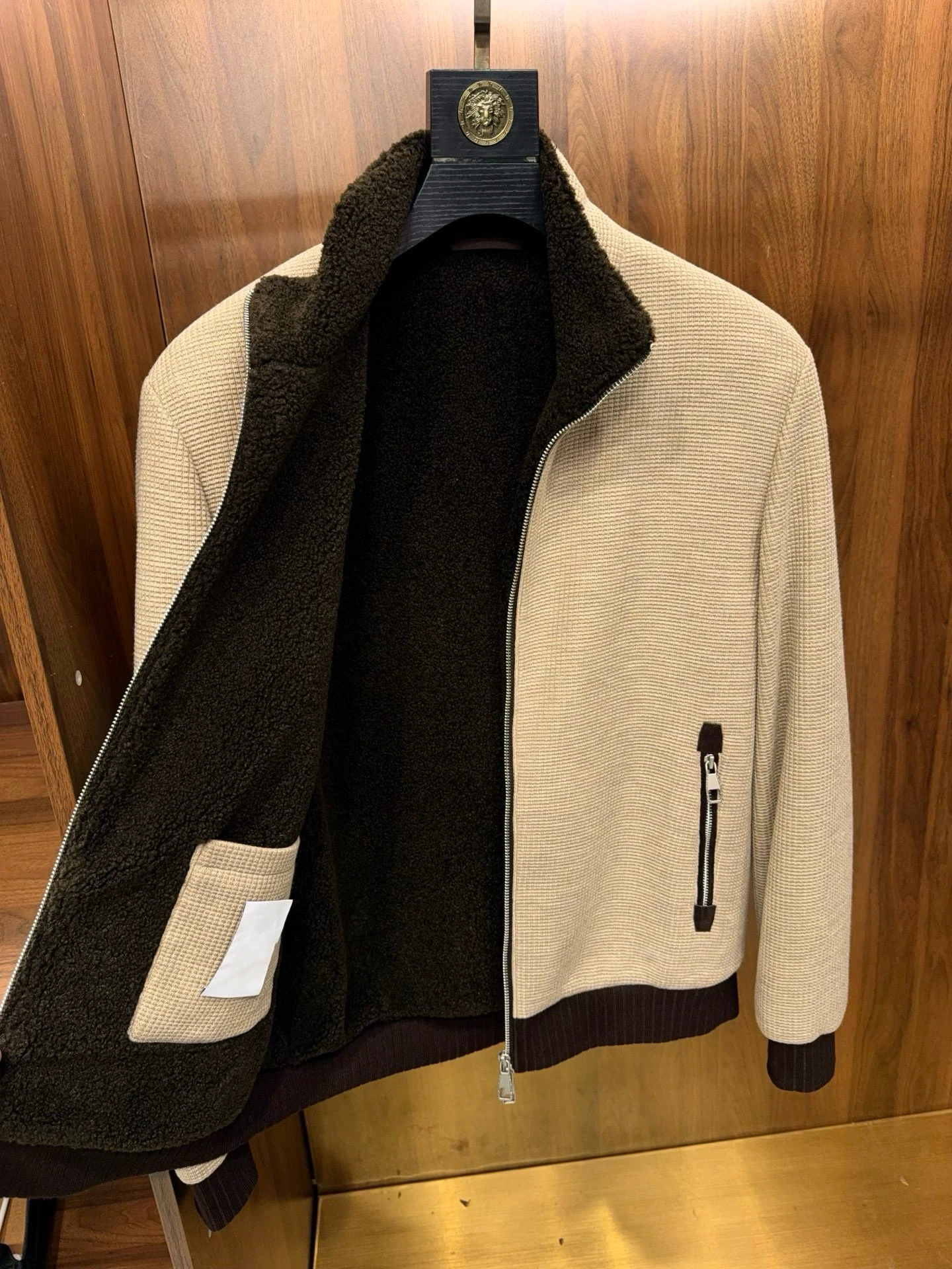 

Waffle textured wool casual stand-up collar jacket with granular wool inside