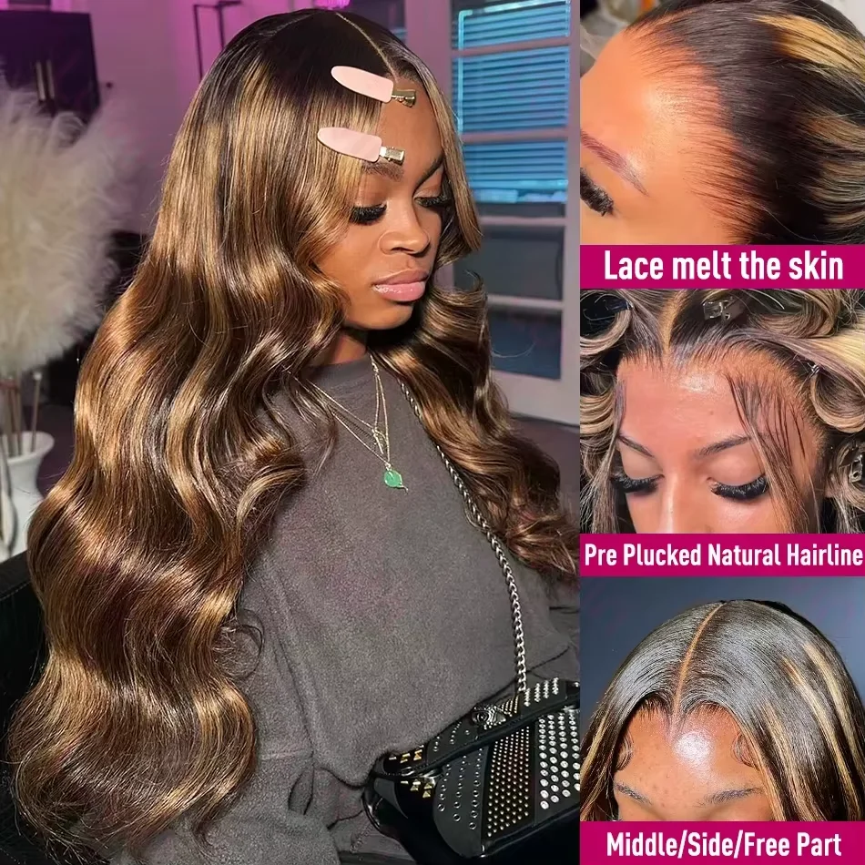 30 Polegada 4/27 mel loira destaque 250 densidade onda do corpo ombre destaque peruca de cabelo humano 13x6 peruca dianteira do laço cabelo humano para mulher