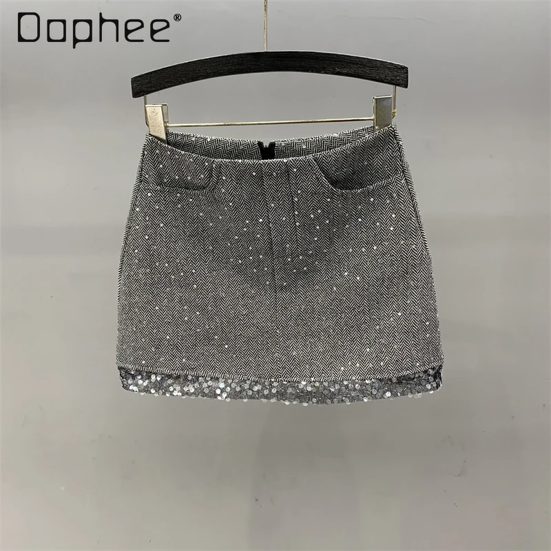 

Sexy Grey Sequined Mini Skirt Sparkling Zipper High Waist Pocket A Line Wrap Hip Short Skirt Korean Fashion Casual All Match