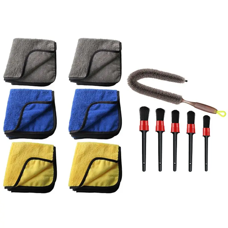 

6Pcs 16 X 16Inch Large & Thick Microfiber Cleaning Cloths (Blue, Yellow, Gray) & 1Set Wheel Brush Set,29 Inches