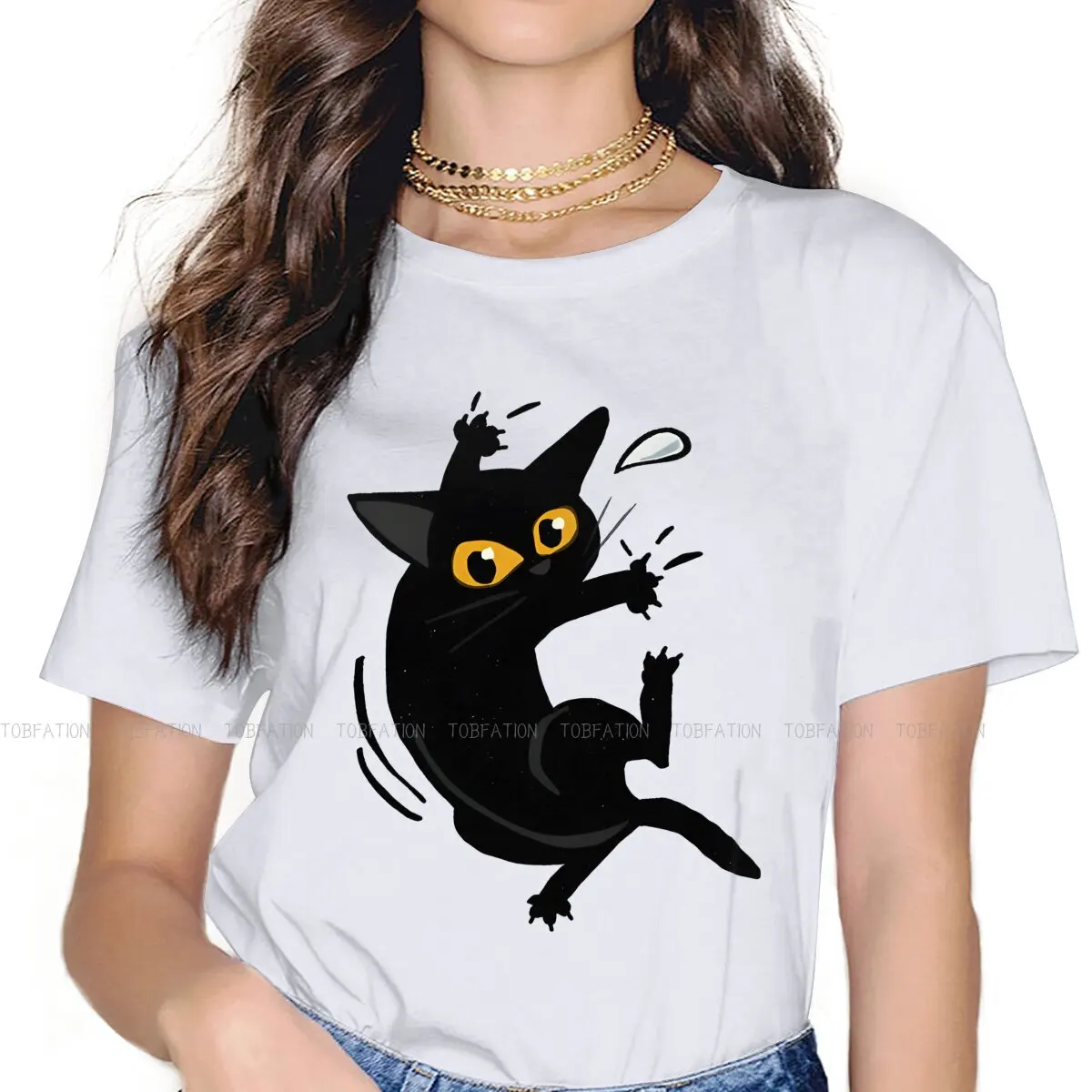 Curtain 4XL 5XL TShirt Black Cat Fabric Basic T Shirt Woman's Clothes Individuality Fluffy