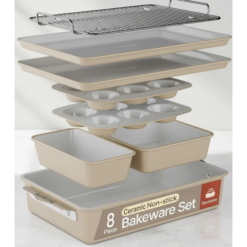 

8-Piece Ceramic Coated Bakeware Set, Nonstick Oven Safe 500°F, Dishwasher Safe Baking Pans for Home Bakers