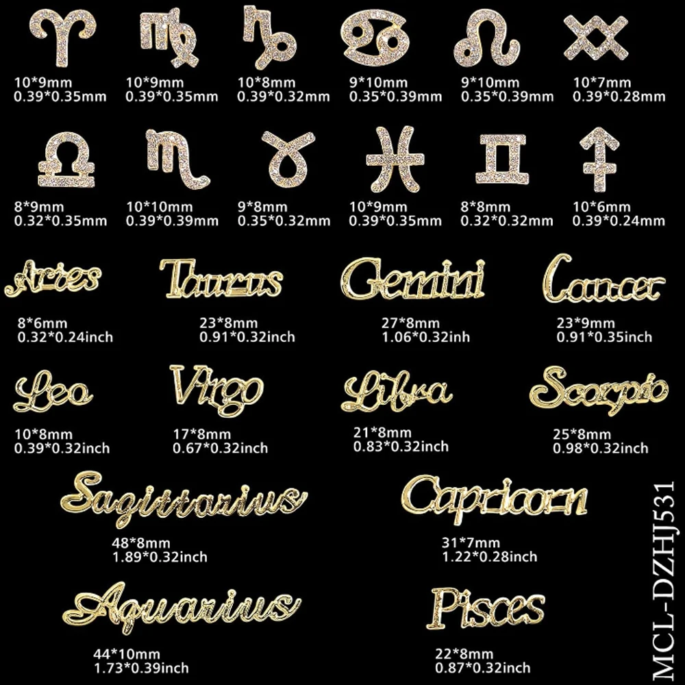 24 Pieces Gold Alloy Zodiac Nail Charms 12pcs Zodiac Signs Nail Studs 12pcs Constellation Words Nail Charms Twelve Constellation