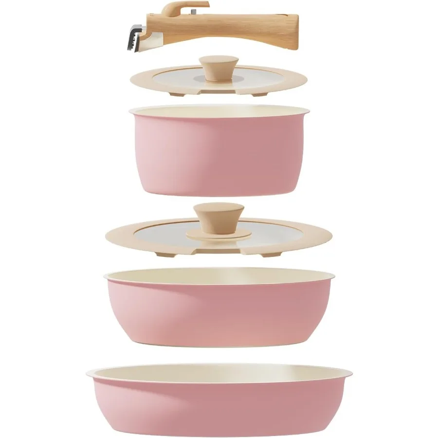 

6 Pieces Kitchen Non-Stick Cookware Sets with Removable Handle Stackable Pots and Pans Set Nonstick for Induction Gas RVs Campi