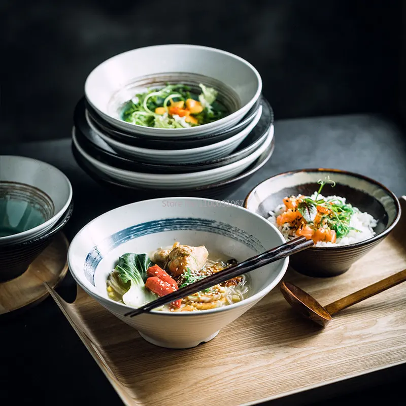 Japanese Style Tableware Set Ceramic Bowl Household Large Ramen Rice Noodles Soup Bowl Kitchen Tableware Microwave Oven Bakware