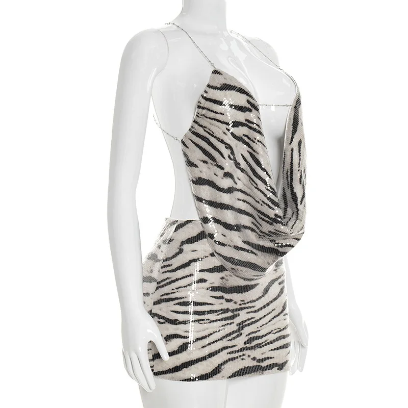 Zebra Striped Sexy Sequins 2 Piece Set Women Summer Swing Collar Backless Y2K Crop Top Mini Skirt Bodycon Matching Sets Outfit view 5