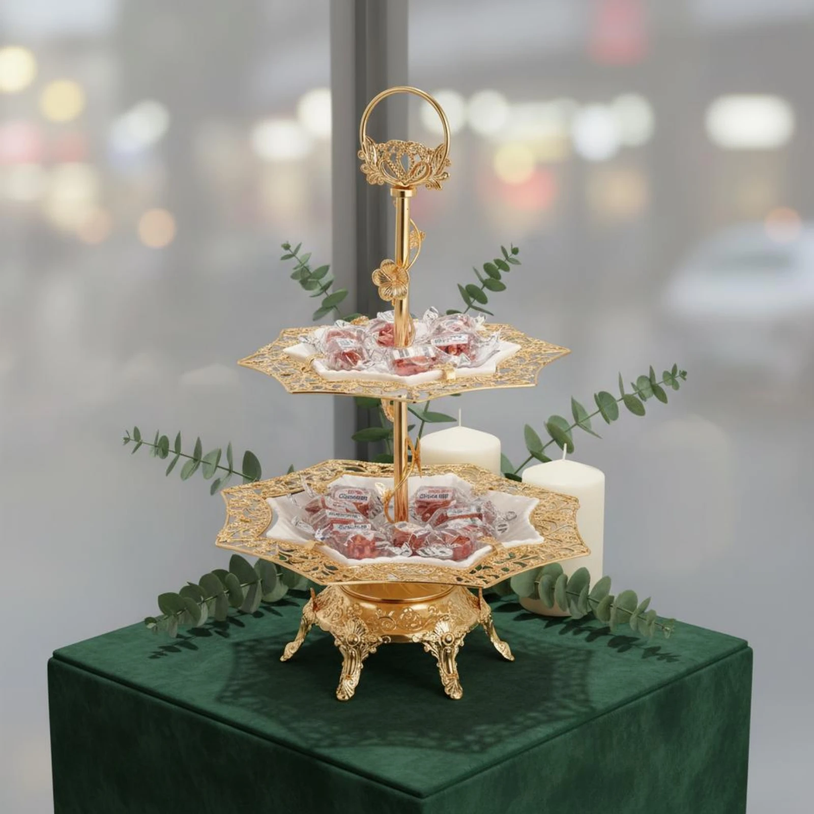 Glass Fruit Tray Stand Openwork Double-Tier Tray Stand Tableware Elegant Home Accessory Tabletop Display
