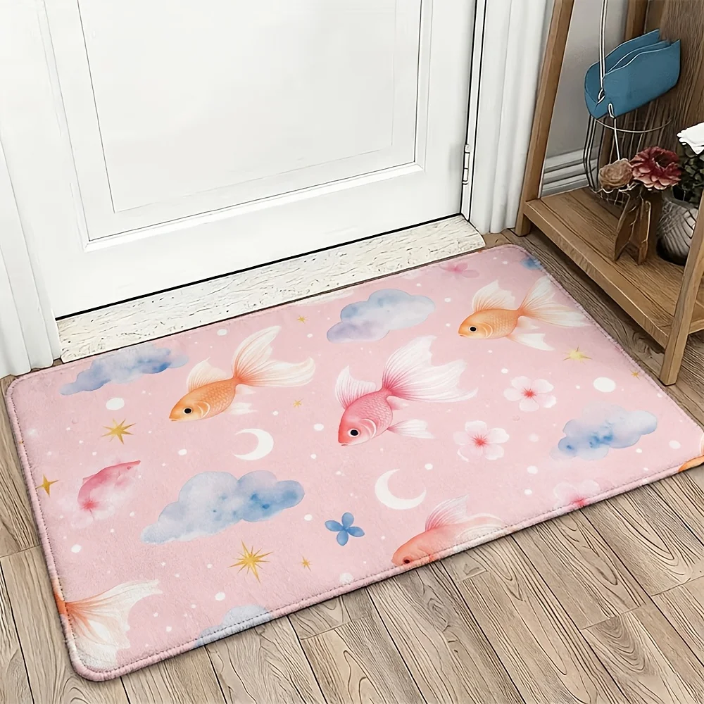 Whimsical Pink Fish Clouds Doormat for Entryway Home Decor Mat Soft Pastel Bathroom Rug Indoor Door Protector 40x60cm