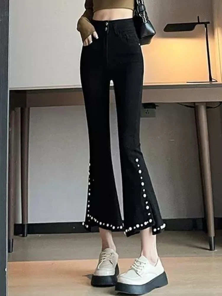 Pants Women Embroidered Flares Trendy High Waisted New Spring Elegant Mujer Elastic Slit Trousers Leisure Commuter Ankle-length