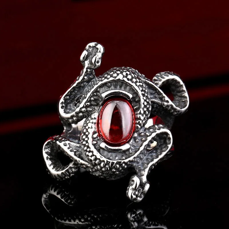 European and American Fashion Personality Punk Black Red Imitation Gemstone Snake Ring Opening Adjustable Jewelry Accessory Gift