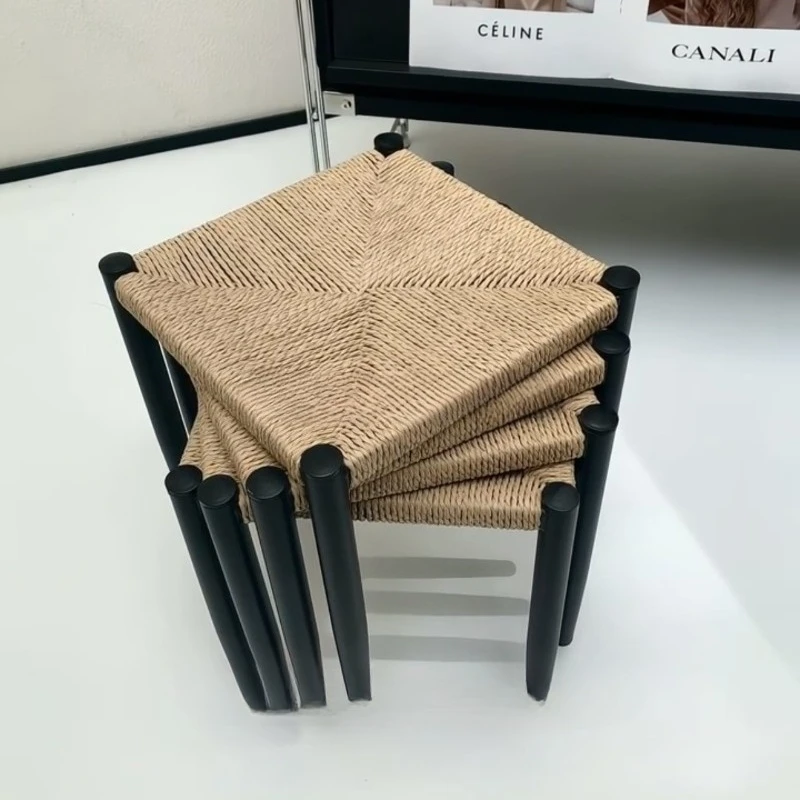 Rattan stool hand-woven square home living room low stackable hospitality spare stool retro Chinese style
