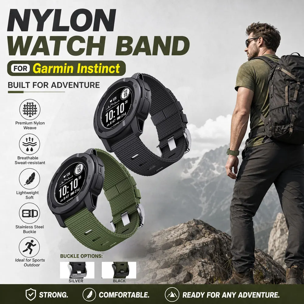 Nylon Sport Band for Garmin Instinct 3 22mm Nylon Strap with Reinforced Thick Spring Bars for Garmin Instinct 2 Solar Tactical