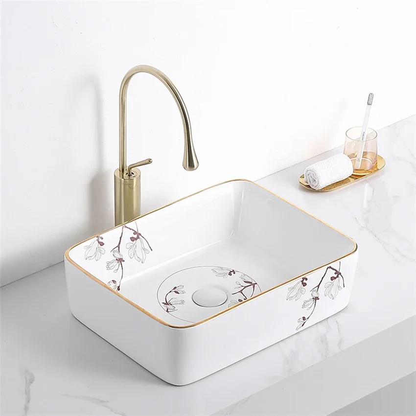 

Nordic Tabletop Basin Ceramic Wash Basin Household Bathroom Balcony Washbasin Modern Minimalist Gold Edged Art Basin Hotel Sink