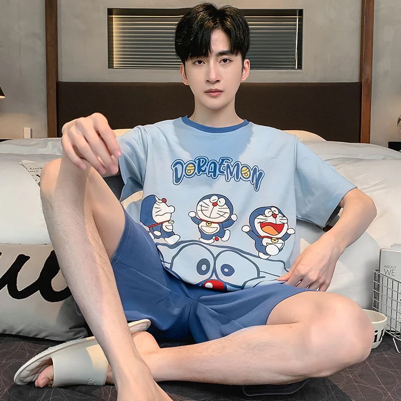 2024 Cotton Summer Thin Men's Pajamas Set Plus Size Short Sleep Tops Pant Sleepwear Suit Boys Home Suits Homewear Casual Pyjamas