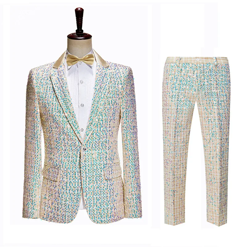 Men\'s Sequin Suits Singer Banquet Host Dress Suit Tuxedo Concert Stage Performance Chorus Slim Sequined Blazer Pants 2 Piece Set