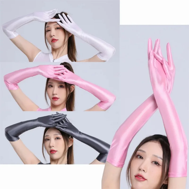 Sexy Women Smooth Shiny Elastic Glove Oil Gloosy Silky Sheer See Through Long Gloves Sunscreen Driving Glove Luxury Candy Color