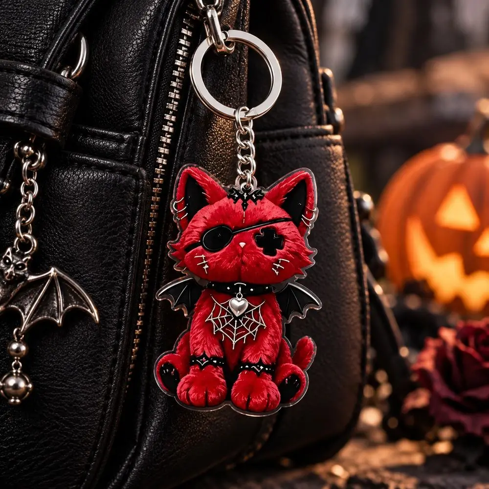 2D Flat Design Acrylic Keychain Wounded Cat Style Y2K Style Cat Keychain Spooky Design Acrylic Material Gothic Keychain