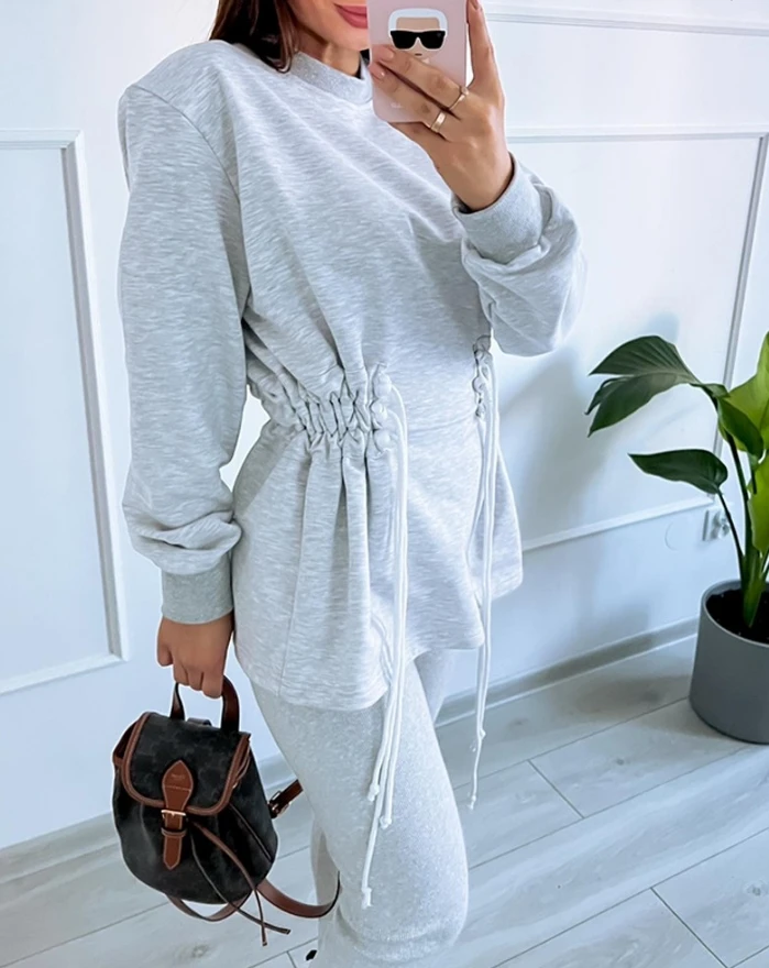 Elegant T-Shirt Pullover Tops Fashion 2024 Autumn Winter Casual Female Clothing Drawstring Waist O-Neck Long Sleeve Sweatshirt