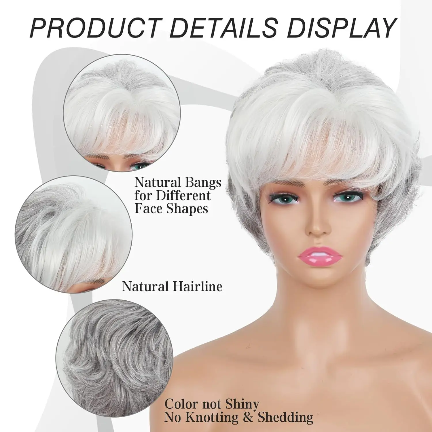 White wig new fashion women's short curly hair gray-white oblique bangs headgear wigs