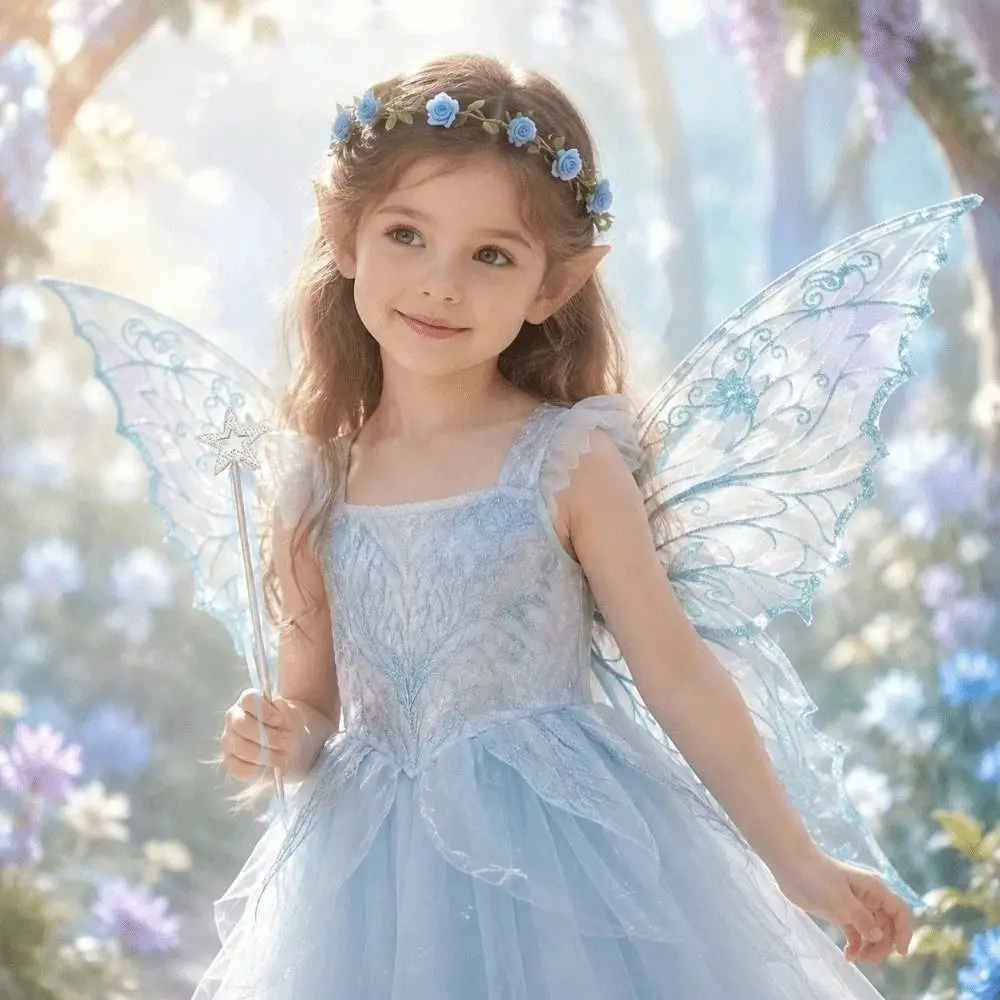 Foldable Wings Wreath Elf Ear Set Sparkling Flower Crown Butterfly Wings Set Wand Fairy Wings Fairy Cosplay Set Themed Party