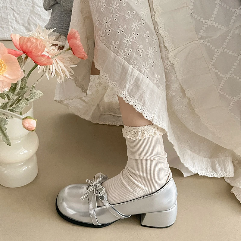 كتلة كعب ماري جين حذا فردي للسيدات جولة تو الضحلة زلة حجر الراين القوس زلة المضادة للانزلاق مقاومة للاهتراء عالية الكعب