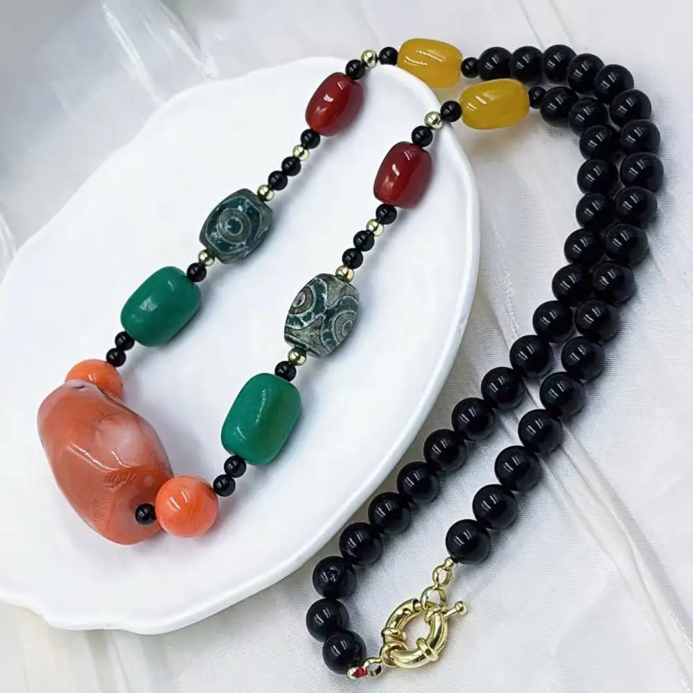 Retro Vintage Natural Black Agate Sea bamboo Orange Coral Beaded Party Jewelry Necklace