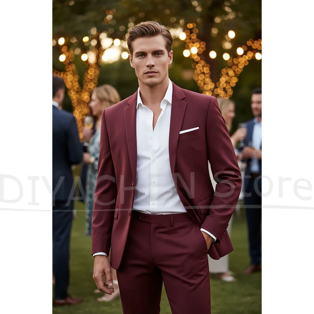 طقم بدلة رجالي ضيقة باللون العنابي بصدر واحد لحفلات الزفاف الرسمية بدلة سهرة مكونة من قطعتين بدلة رجالية غير رسمية ذكية مصممة خصيصًا