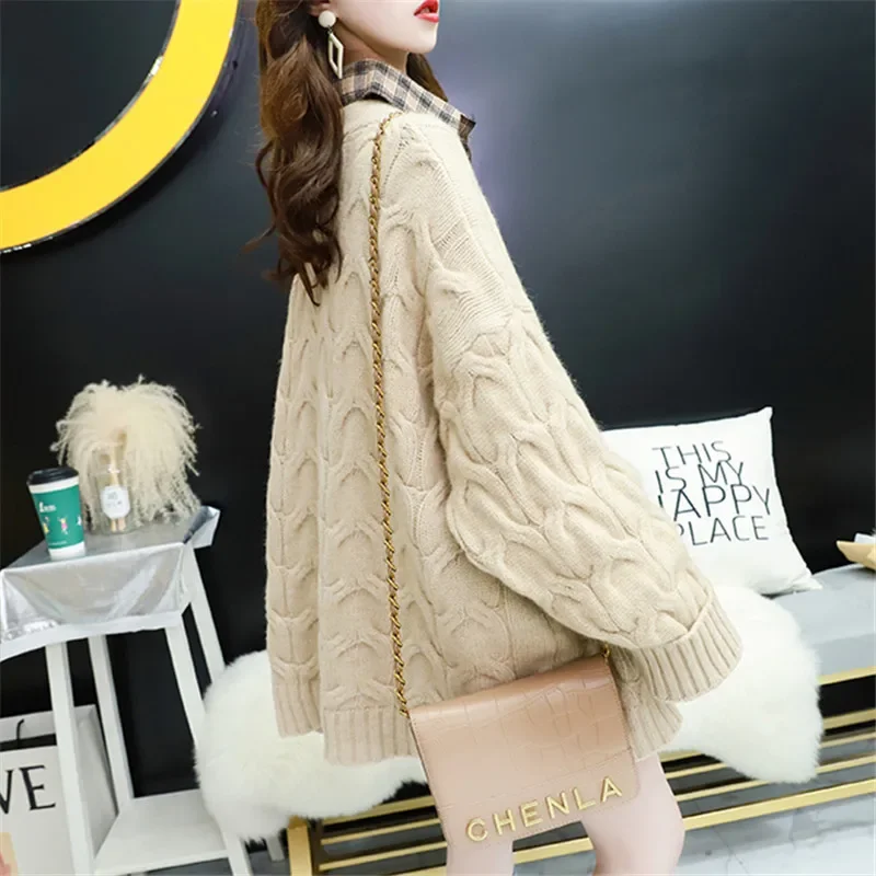 Gruby sweter z długim rękawem z dzianiny Sweter damski Jesień Zima Niebieski Fioletowy Khaki Koreański Luźny Średni Długi Płaszcz Dzianinowy Płaszcz Damski