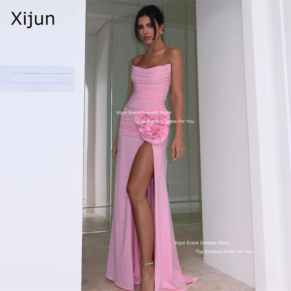 Xijun Sexy Chiffon Evening Dresses Sleeveless Side Slit Prom Dresses 3D Pleats Flowers Maxi Prom Gowns Occasion Party Dresses