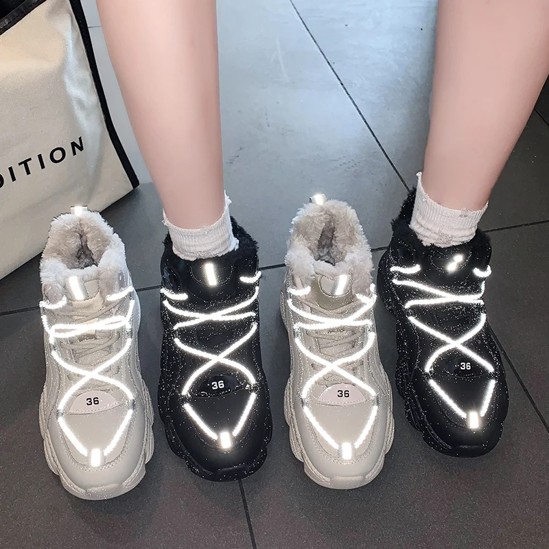 STRONGSHEN Women Casual Platform Shoes Keep Warm Comfortable Outdoor Reflective Lace Up Sneaker Zapatillas Mujer Leisure Shoes
