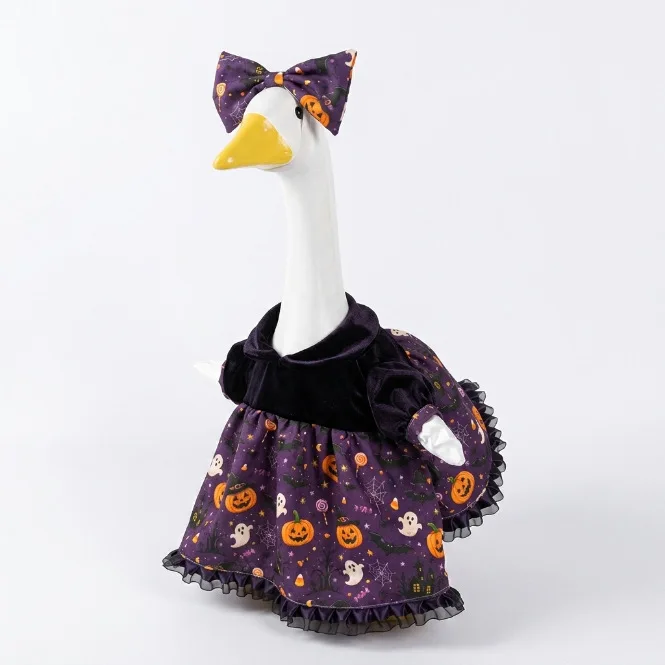 Halloween Porch Goose Costume Velvet Pumpkin Ghost Printed Dress With Matching Bow Yard Ornament