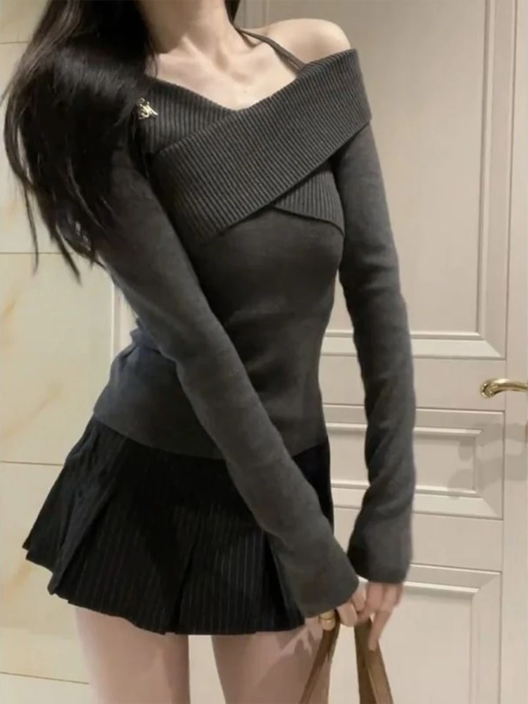 Japanische Elegante Sexy Off Schulter Neckholder Stricken Top Frauen Herbst Winter Neue Slim Fit Langarm Pullover Pullover Outfit