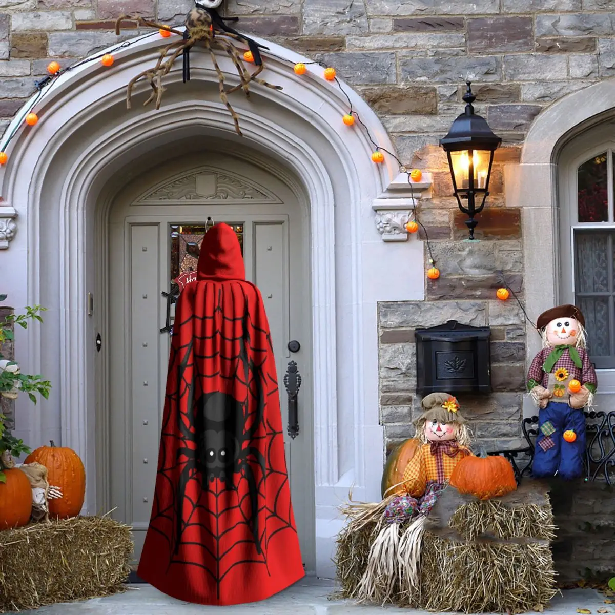 نسيج العنكبوت مع شبكة عنكبوت سوداء طويلة مقنعين عباءة ساحرة القرون الوسطى زي تأثيري كيب هالوين معطف الكبار للجنسين