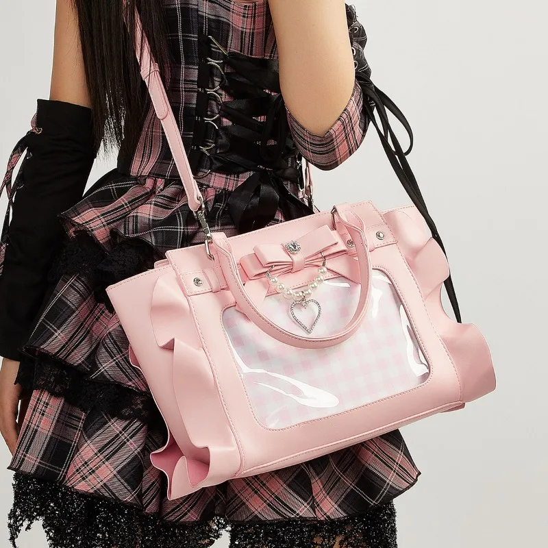 Japanese Lolita Heart Pearl Chain Crossbody Bags Sweet Preppy Girls Kawaii Bow Handbag Women Y2k Transparent Ita Bags 2026 New