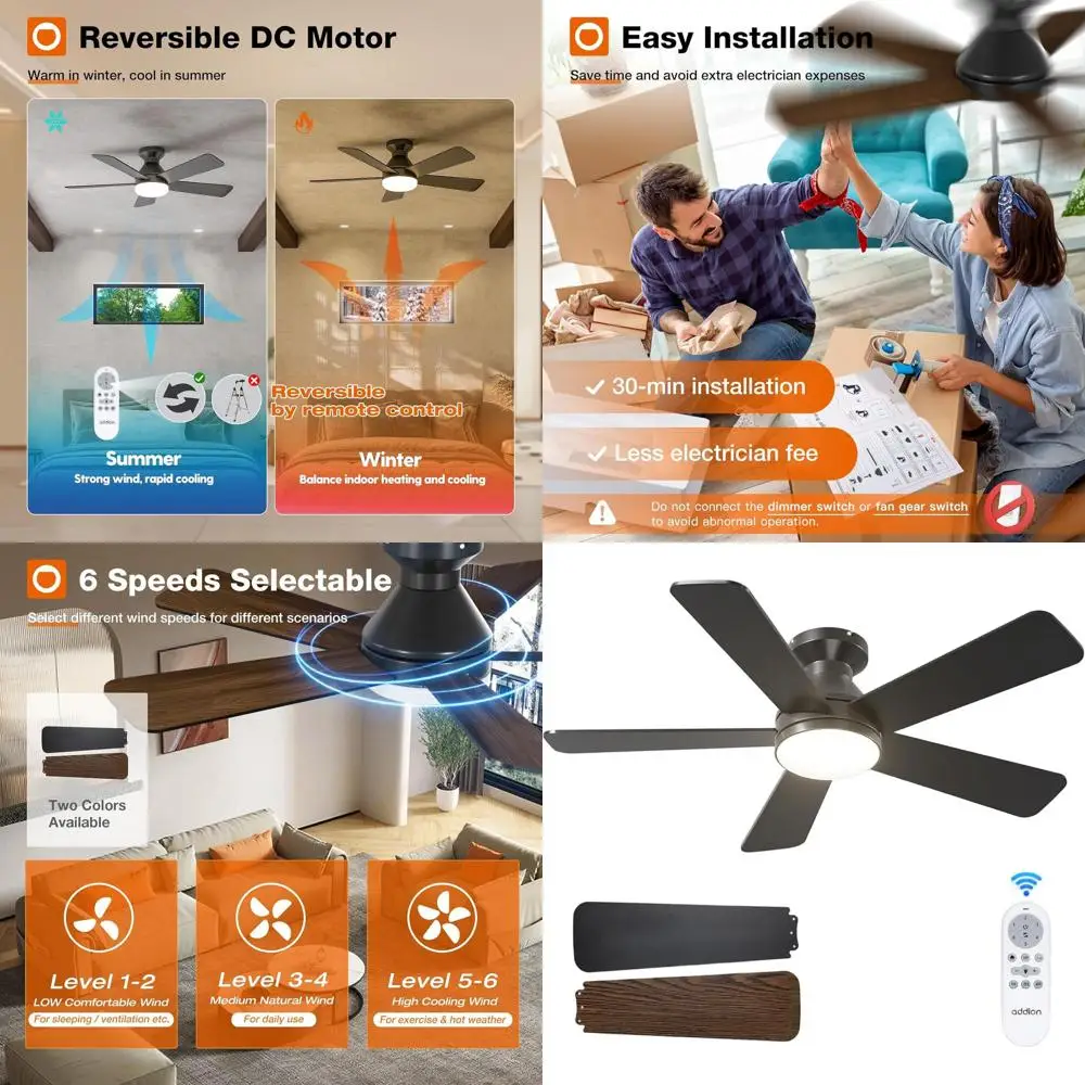 

Потолочный вентилятор 42 дюйма с низким профилем, с подсветкой, пультом ДУ, 3 скоростями, регулировкой яркости, реверсивный, тихий, для использования внутри/вне помещений