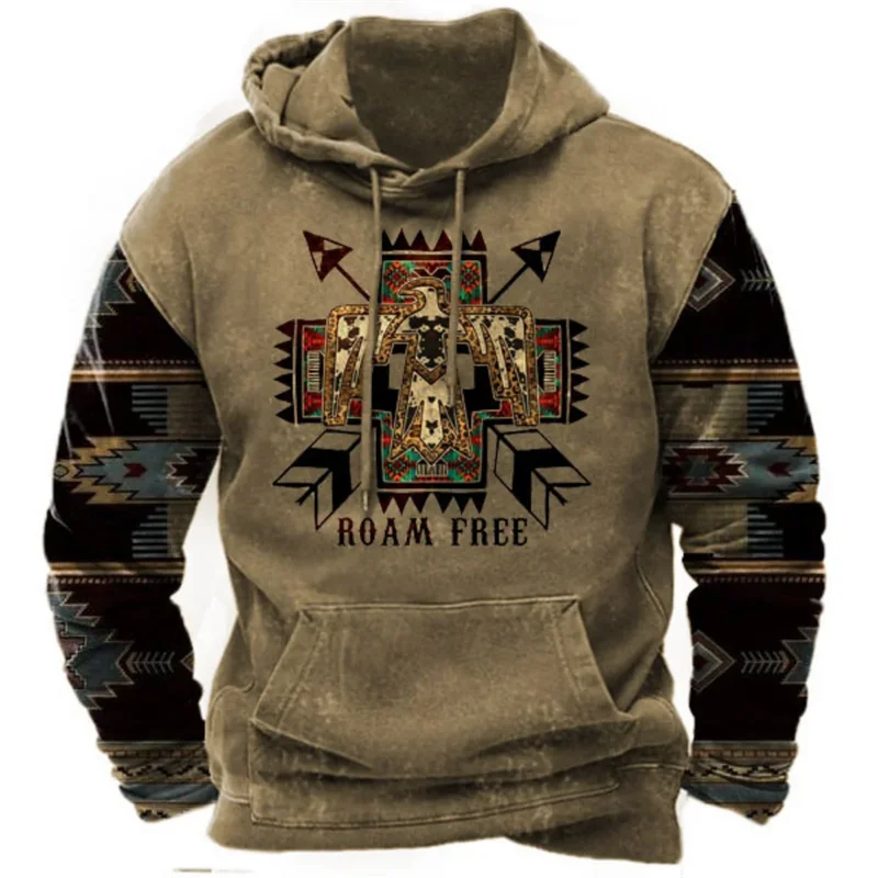 Vintage Indian Print Men\'s Hoodie 2024 Casual Men Clothing Long-sleeve Hooded Sweatshirts Oversized Unisex Pullovers Hoodies