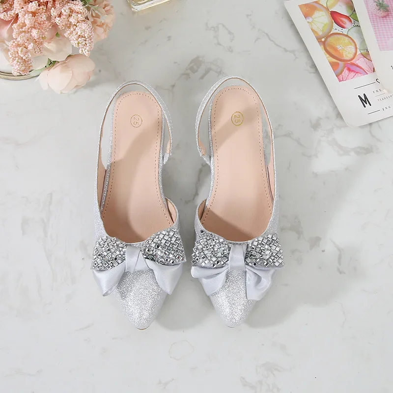 2024 Summer New Children\'s Crystal Shoes Fashion Bow Sequins High Heels Soft Sole Anti Slip Girl Princess Shoes