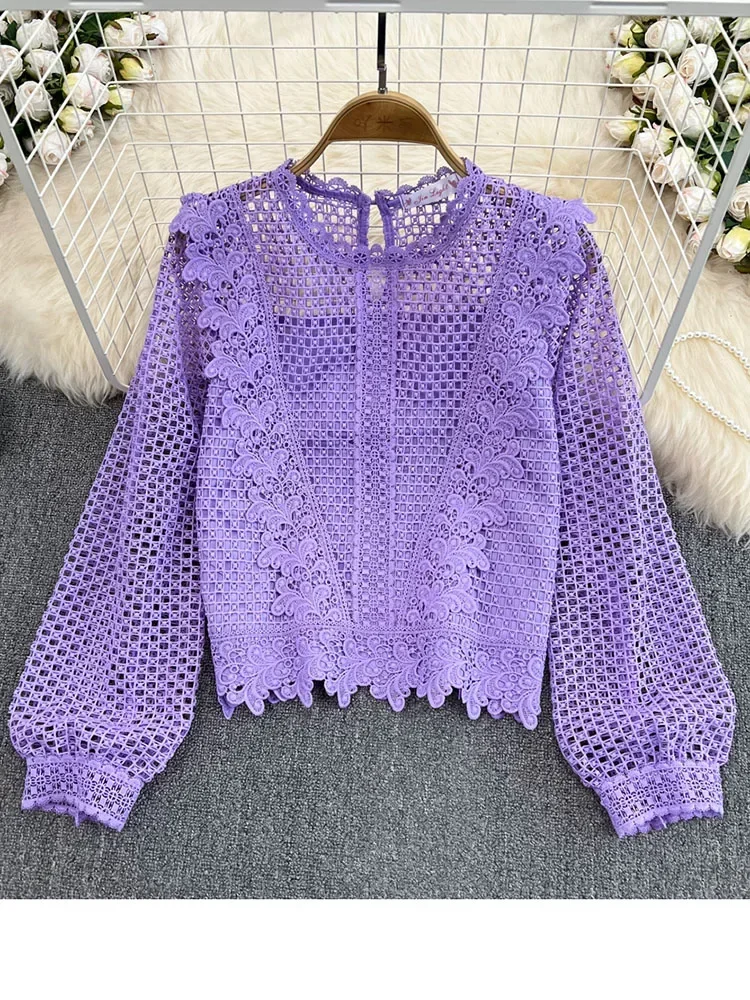 Women Spring Autumn Blouse Vintage Round Neck Ruffle Long Sleeve Loose Hook Flower Cut Out Water-soluble Lace Shirt D2062