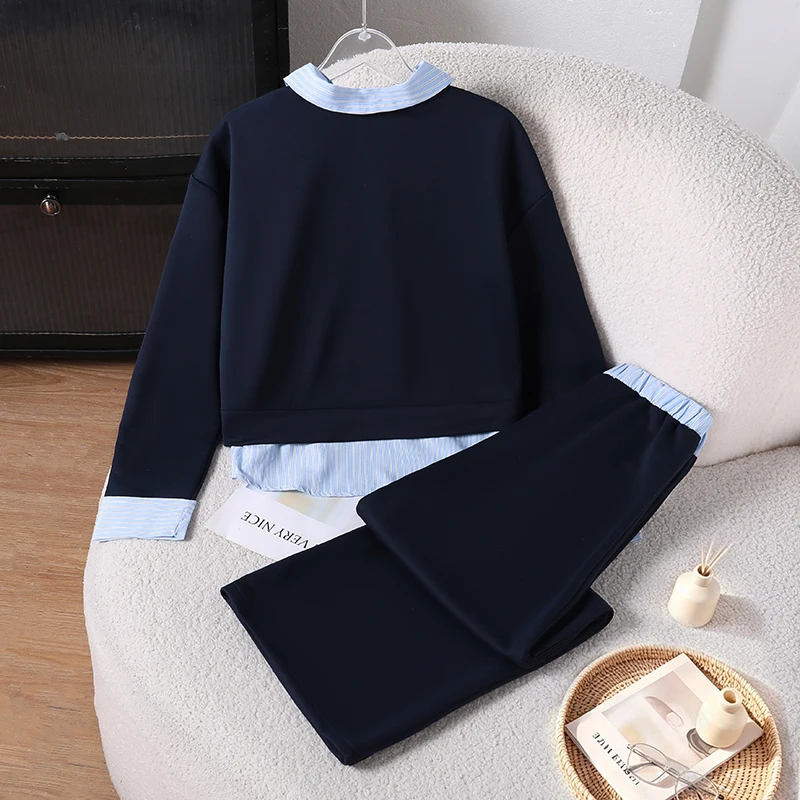 Teen Girls Navy Color Matching Outfit, Patch Stripe Cuff Pullover Top And Loose Straight Casual Long Pants