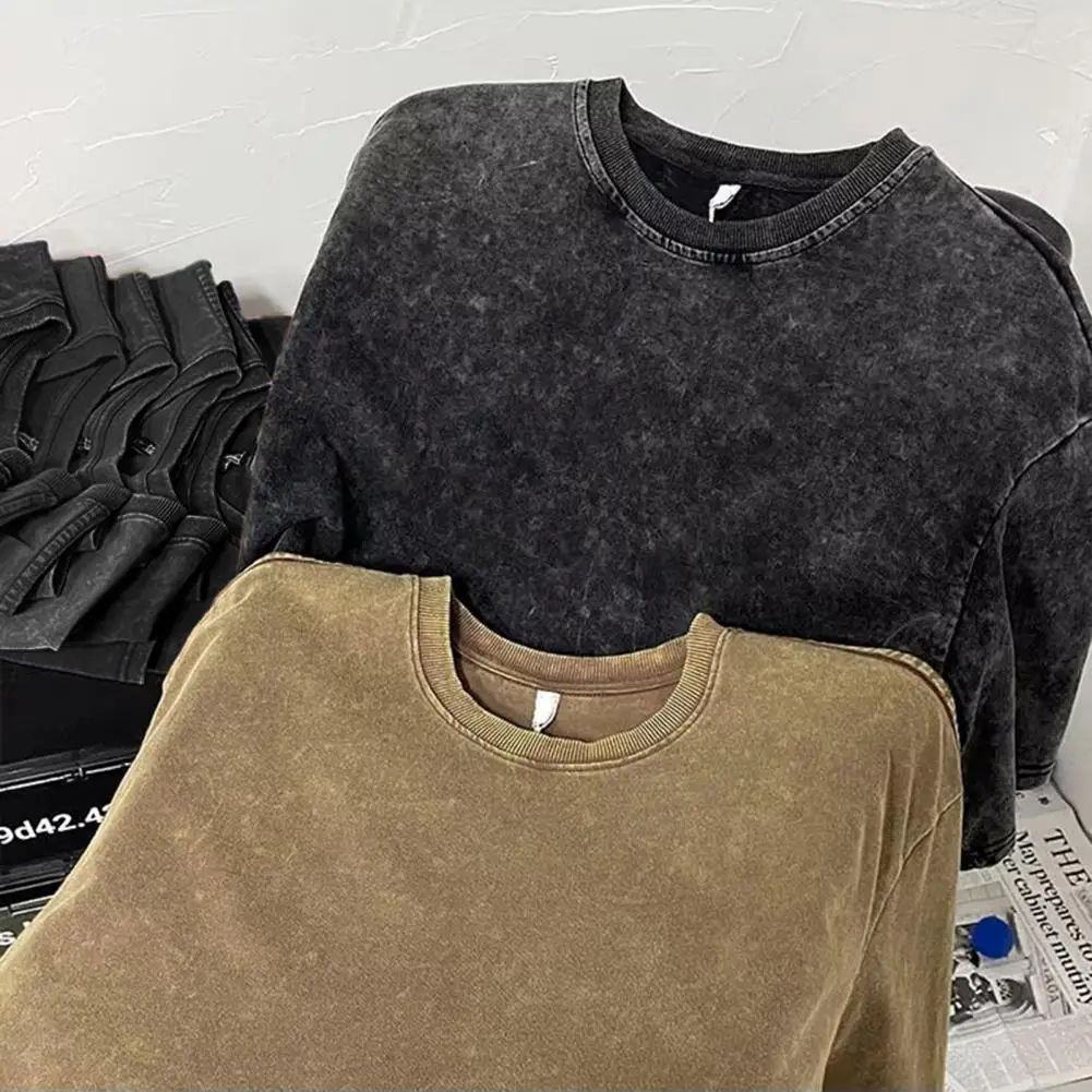 Men T-shirt Solid Color O-Neck Half-sleeves Breathable Summer Distressed Vintage Casual Male T-shirt Heavy Fabric Cotton Tops image 2