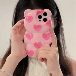 Korean Cute Pink Love Bear Shaped Phone Case iPhone 17 16 15 Pro 11 12 13 14 Pro Max Protective Case Silicone Anti Drop Cartoon