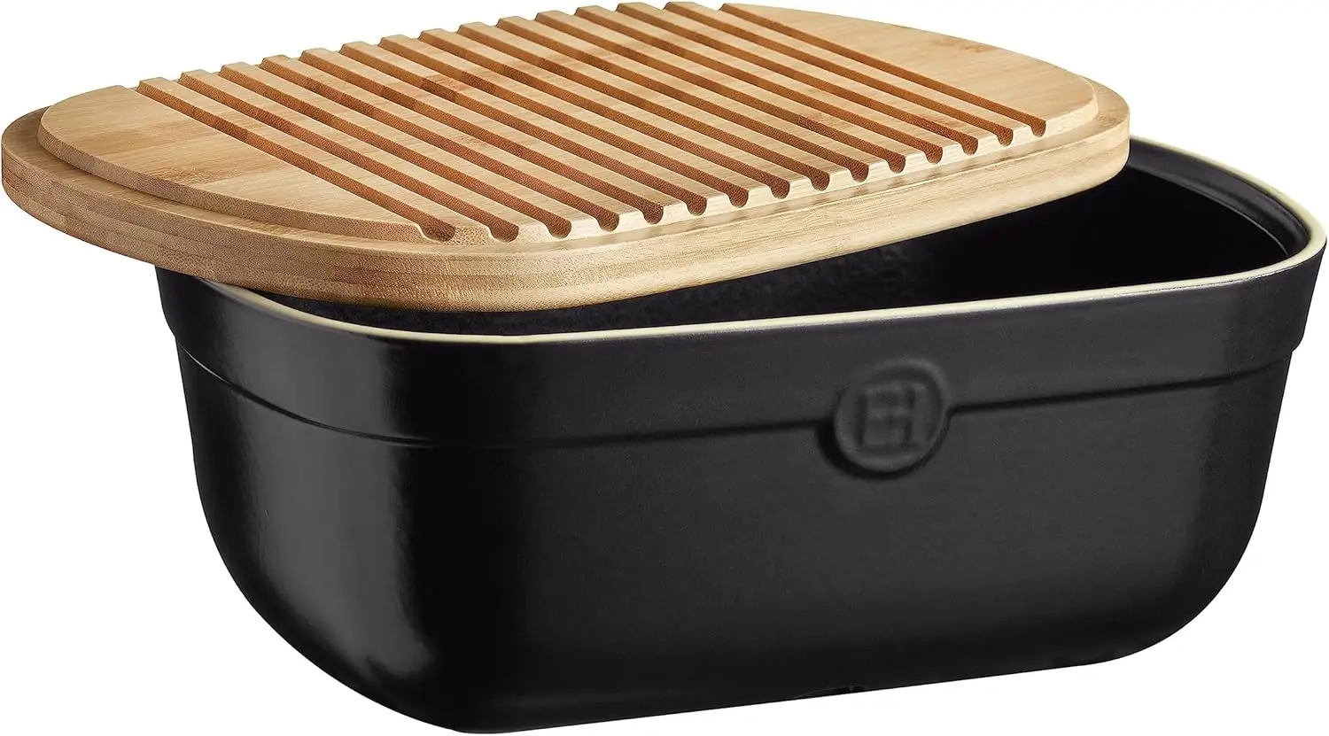 Caixa de pão de cerâmica de 14 polegadas com tampa de madeira, trufas pretas - mantém pão fresco e crocante