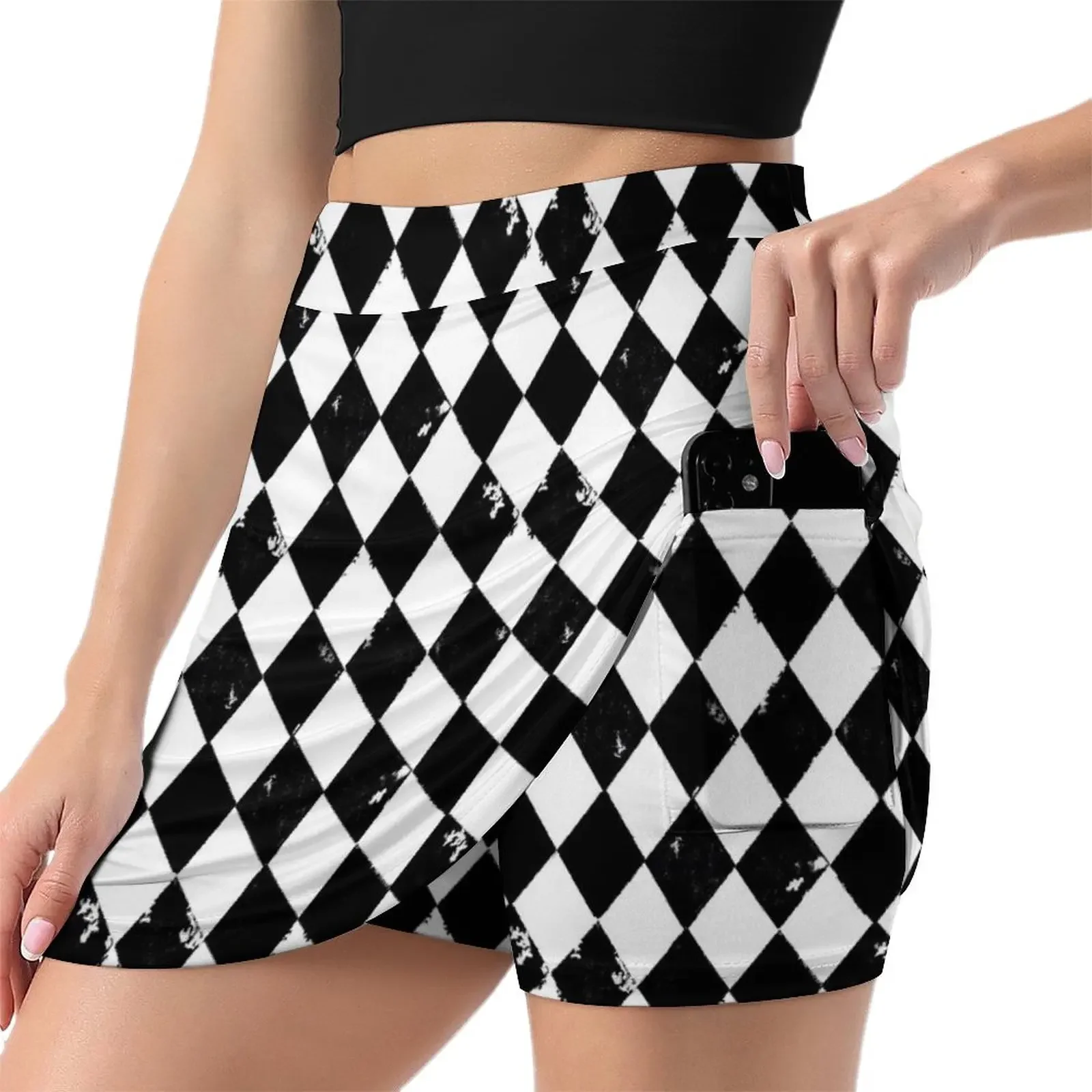 Grungy Distressed Black and White Harlequin Diamond Mini Skirt womens clothing fashion night club outfits