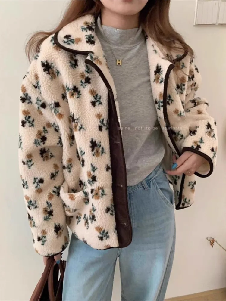 

2025 Autumn Winter Outerwears Short Coat Fall Clothes Fresh And Sweet Commuting Keep Warm Plush Floral Print All-match Trendy