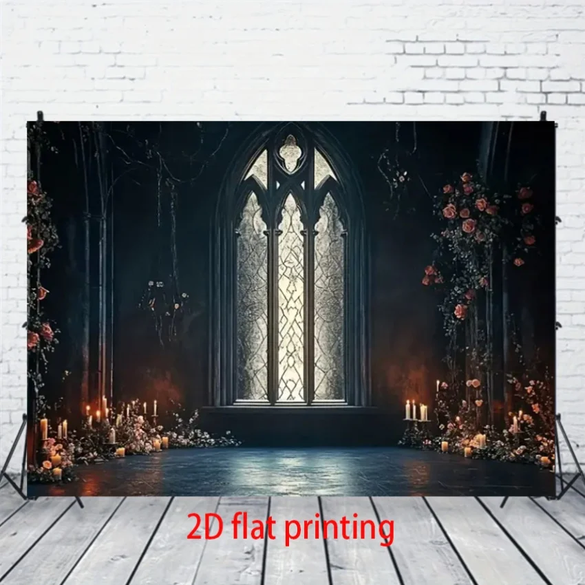 1 Stück 2D flaches Banner-Hintergrundtuch mit Halloween-Motiv – schwarzes Gothic-Fensterdesign, Halloween-Dekoration, keine Strom erforderlich – Sjs