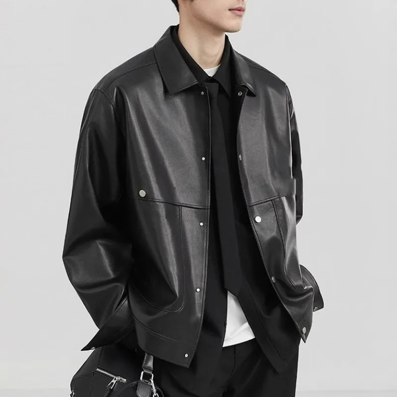 KIDWHXR Men Coat Autumn Motorcycle Punk Single-breasted Man Leather Jacket Streetwear Long Sleeve Male Loose Casual Outerwear